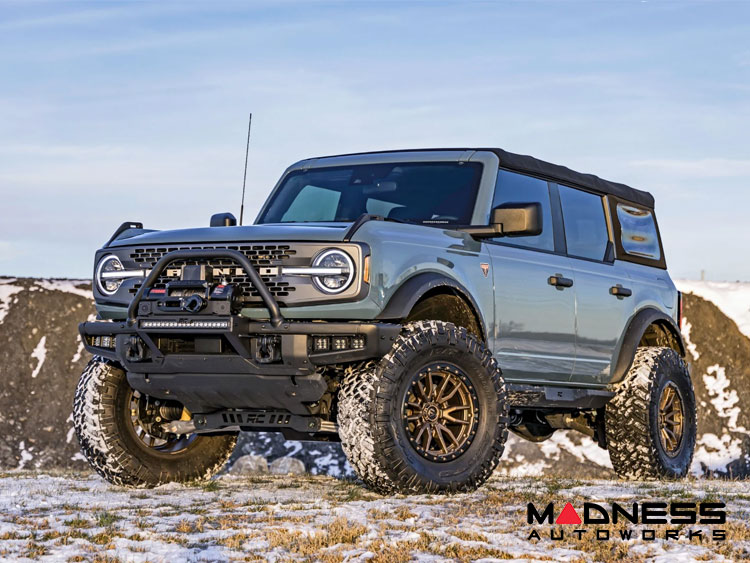 Ford Bronco Winch Mount - High Mount - OE Modular Bumper - Rough Country - PRO12000S Winch - Black Series White DRL LED